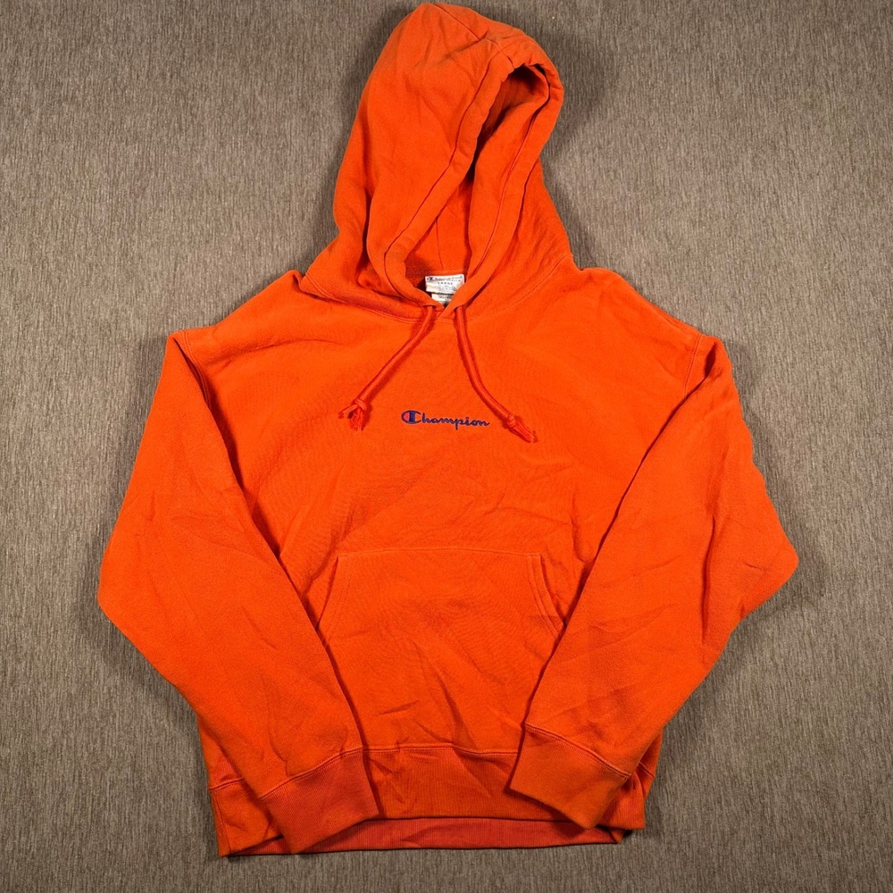 Champion Reverse Weave Hoodie Orange Script Logo Mens Large WL757 H5+